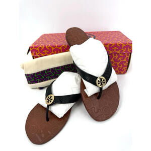 NEW Tory Burch Black Gold Metal Logo Thora Thumbled Leather Sandals Sz 8